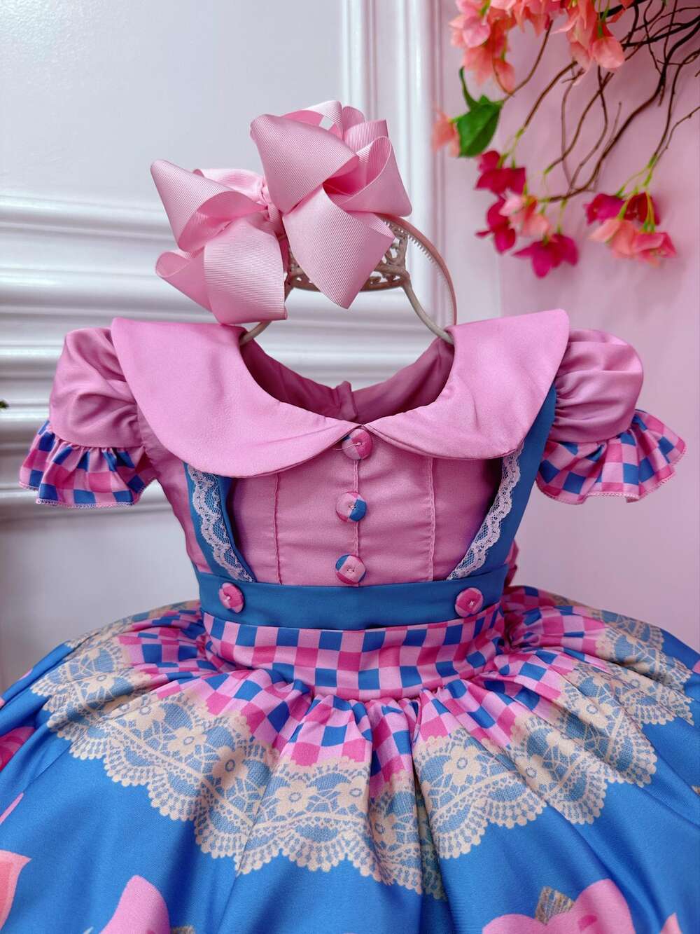 Vestido Infantil Rosa Fazendinha Bichos Aplique Botões