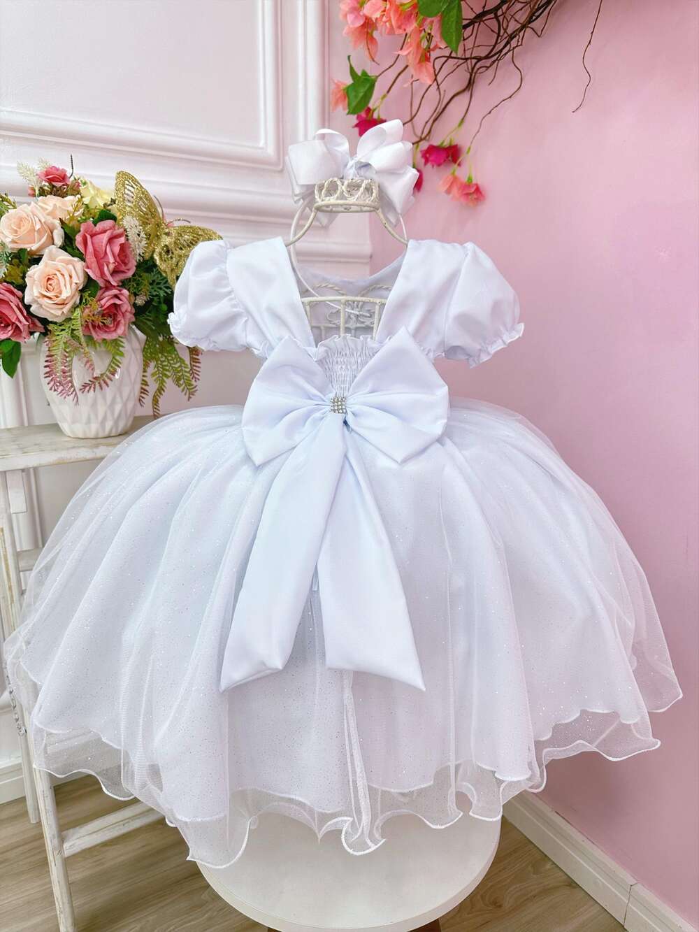 Vestido Infantil Branco Busto Nervura C/ Pérolas Festas