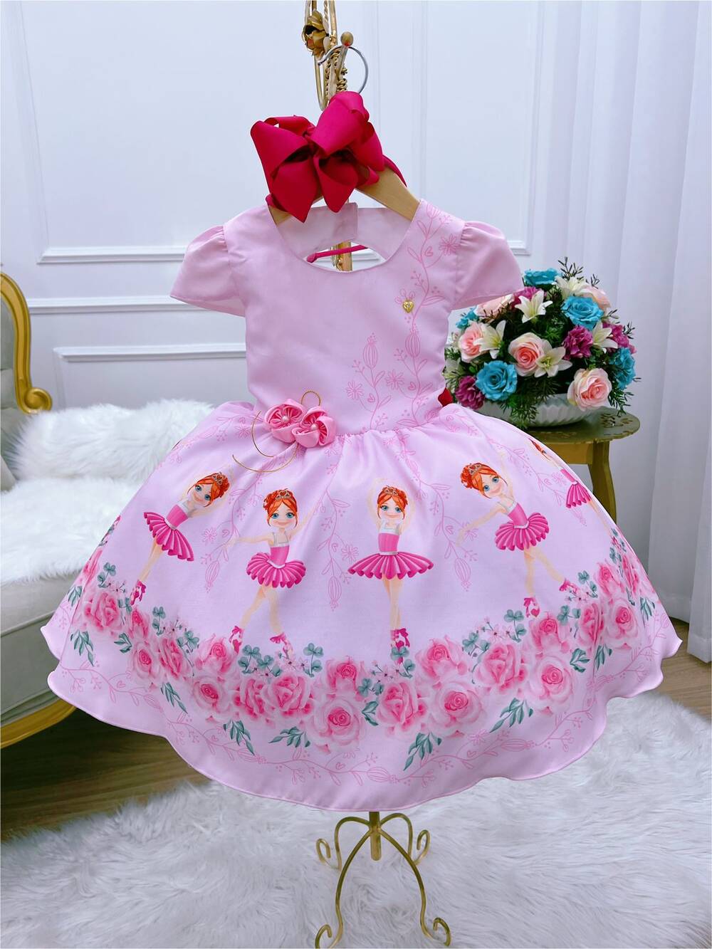 Vestido Infantil Rosa Saia Floral Bailarina