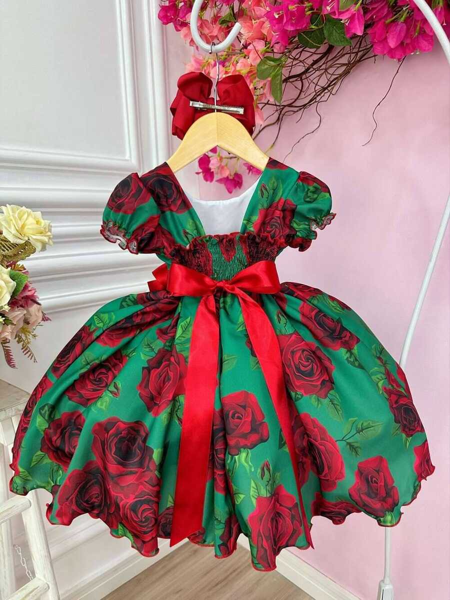 Vestido Infantil Verde Florido de Rosas Natal Festas Luxo