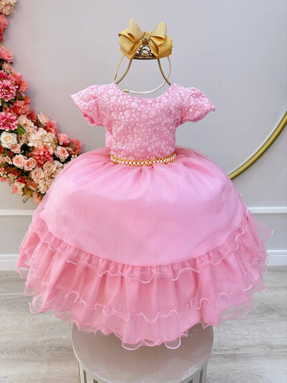 Vestido Infantil Rosa C/ Renda e Cinto de Pérolas Festas Luxo