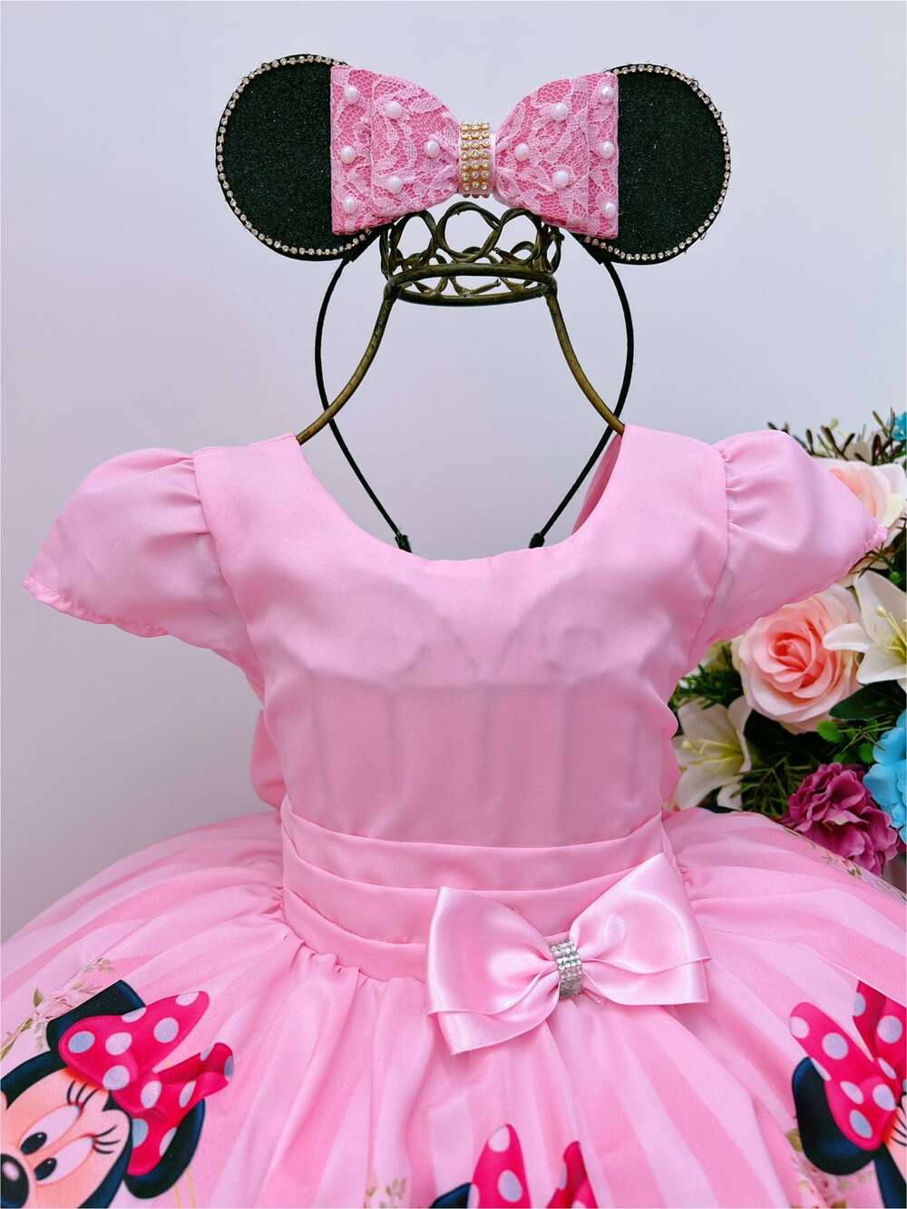 Vestido Infantil Minnie Rosa C/ Laço Florido e Strass