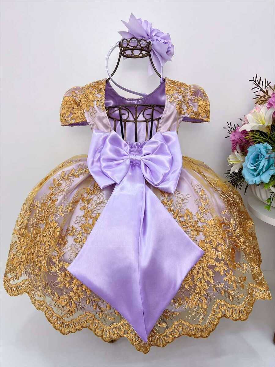 Vestido Infantil Lilás Renda e Tule Dourado Realeza Damas