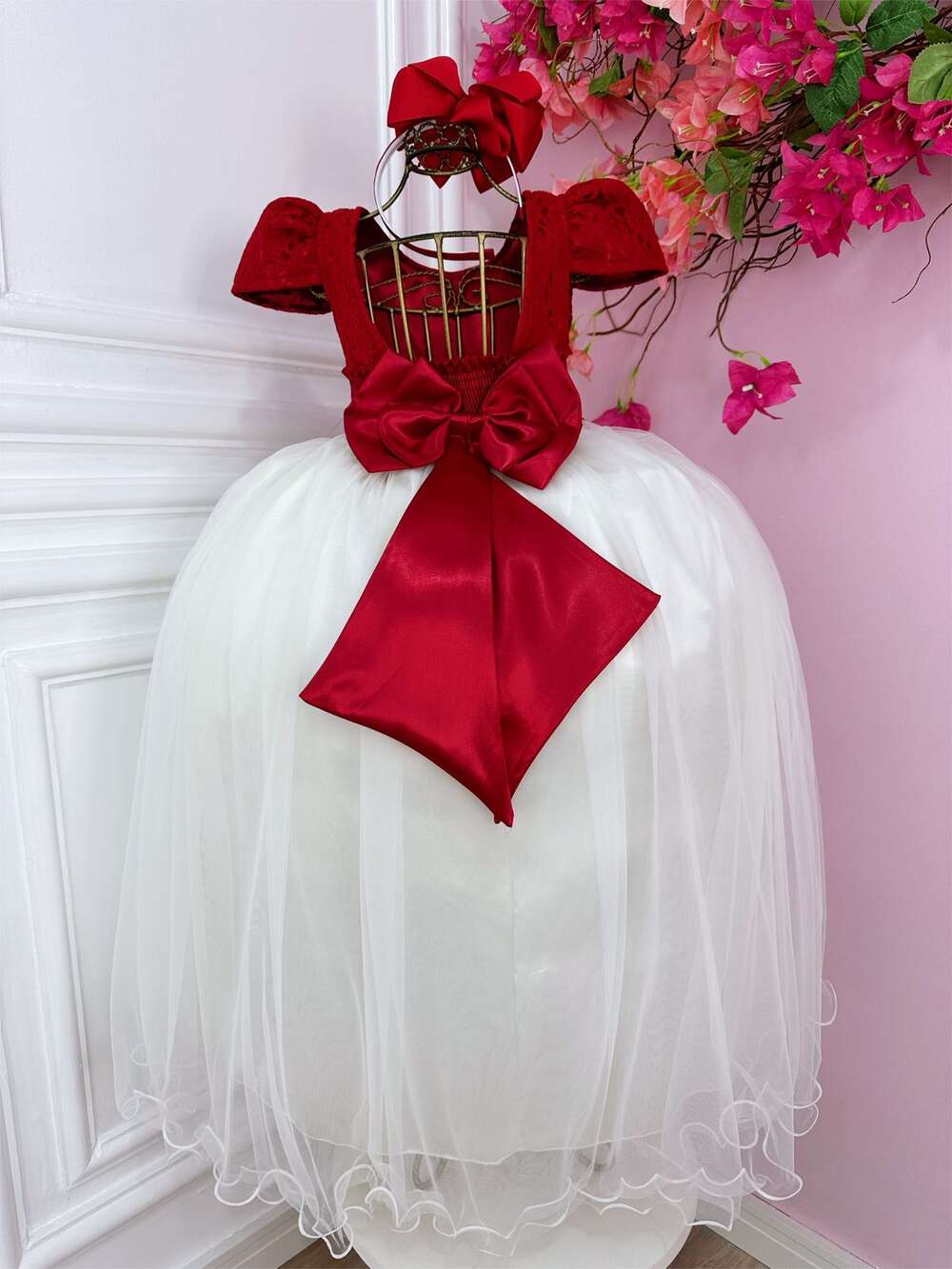 Vestido Infantil Vermelho Renda e Saia Off White Damas Longo