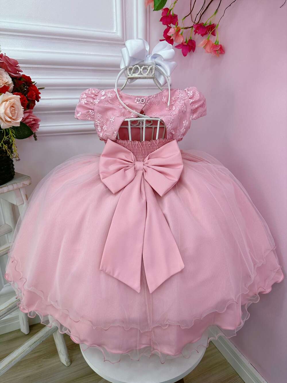 Vestido Infantil Rose C/ Renda e Aplique Borboletas e Flores