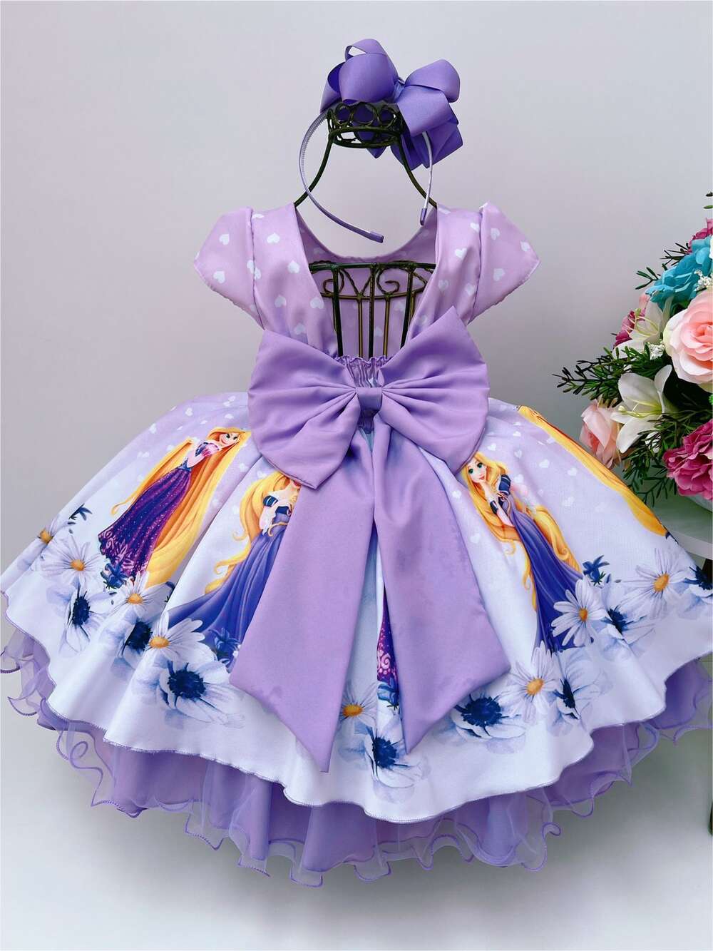 Vestido Infantil Rapunzel Lilás Com Pérolas Princesas Festas