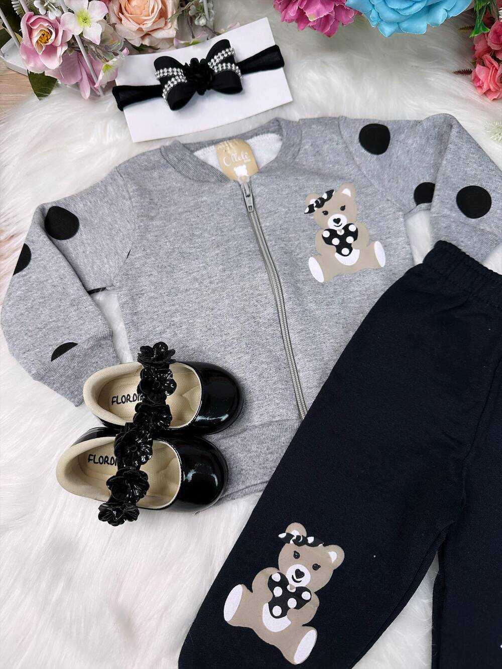 Conjunto Infantil Moletom Flanelado Cinza e Preto C/ Zíper Ursinho
