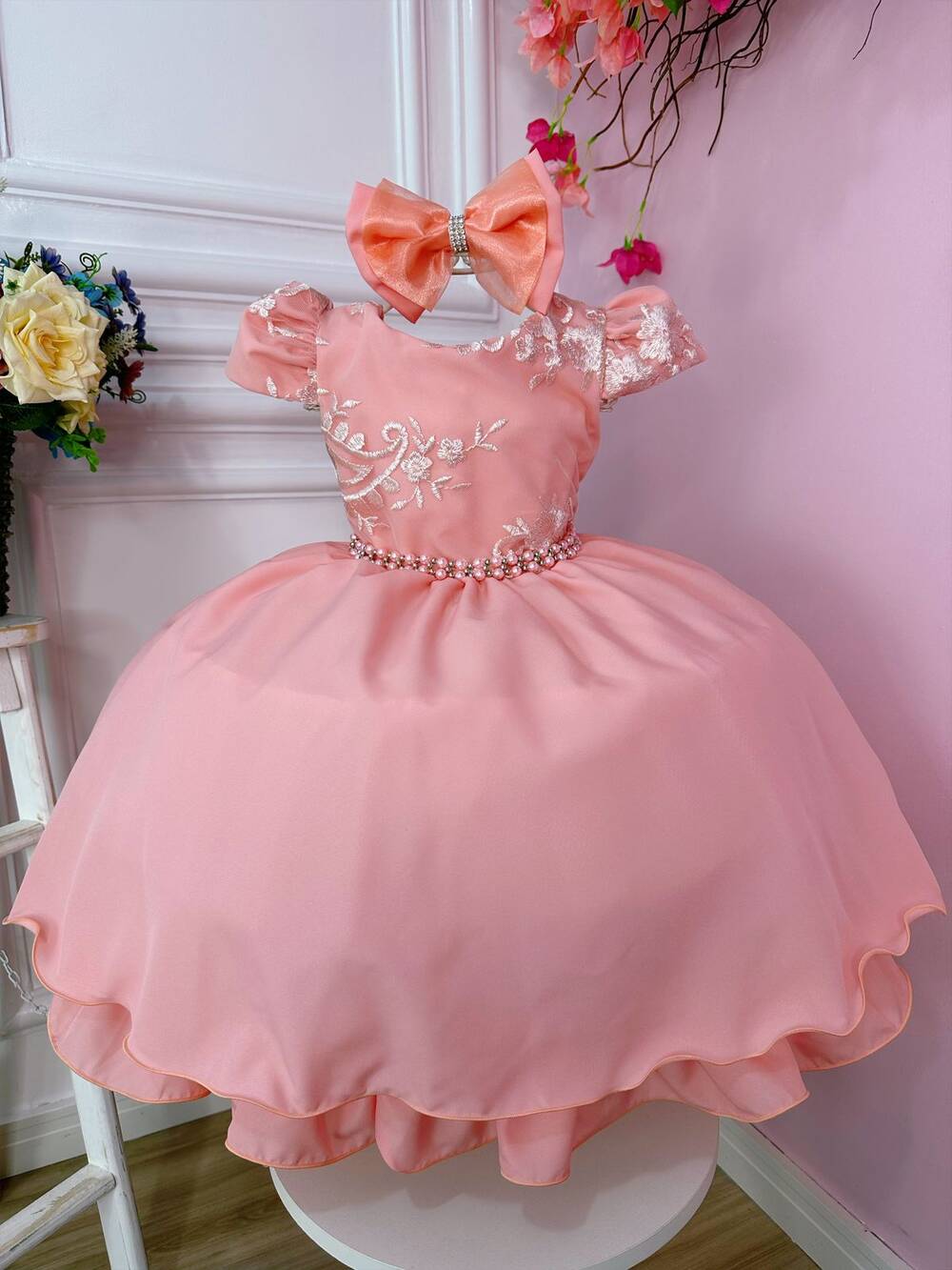 Vestido Infantil Goiaba C/ Renda e Cinto de Pérolas Laço