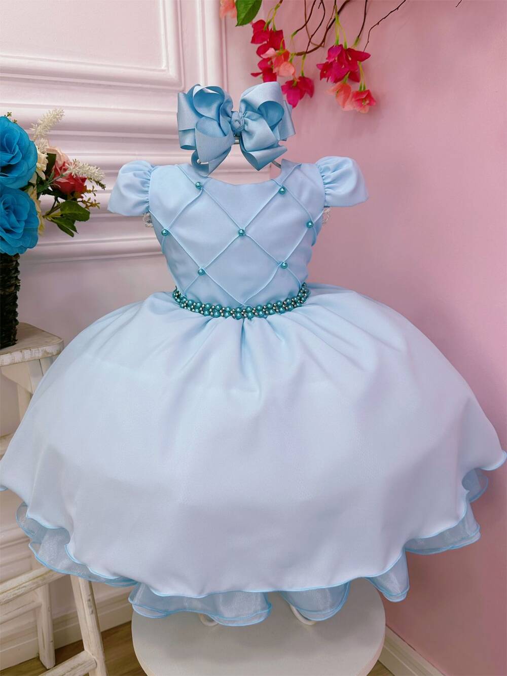 Vestido Infantil Azul Bebê Peito Nervuras Cinto de Pérolas