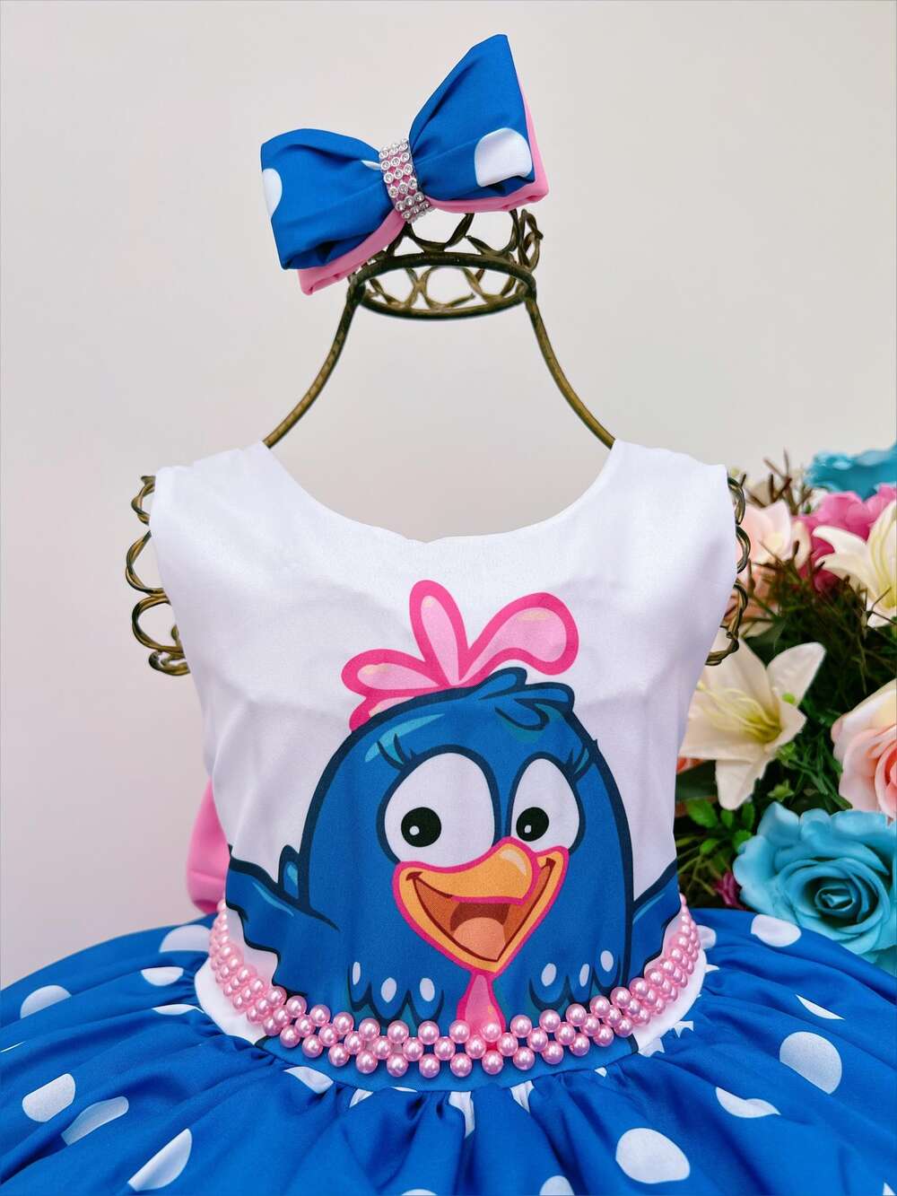 Vestido Infantil Galinha Pintadinha Azul Bolas Brancas Laço