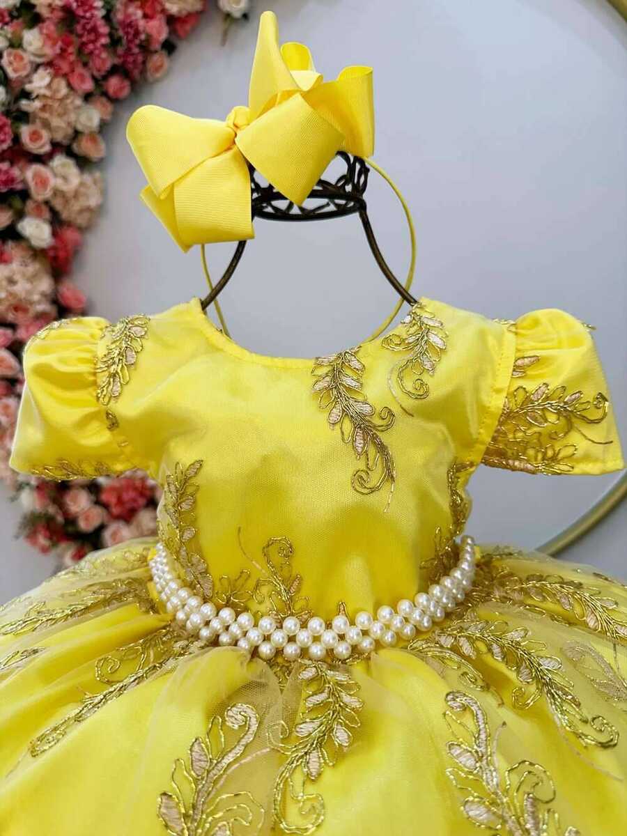 Vestido Infantil Amarelo C/ Renda Realeza Dourada e Pérolas