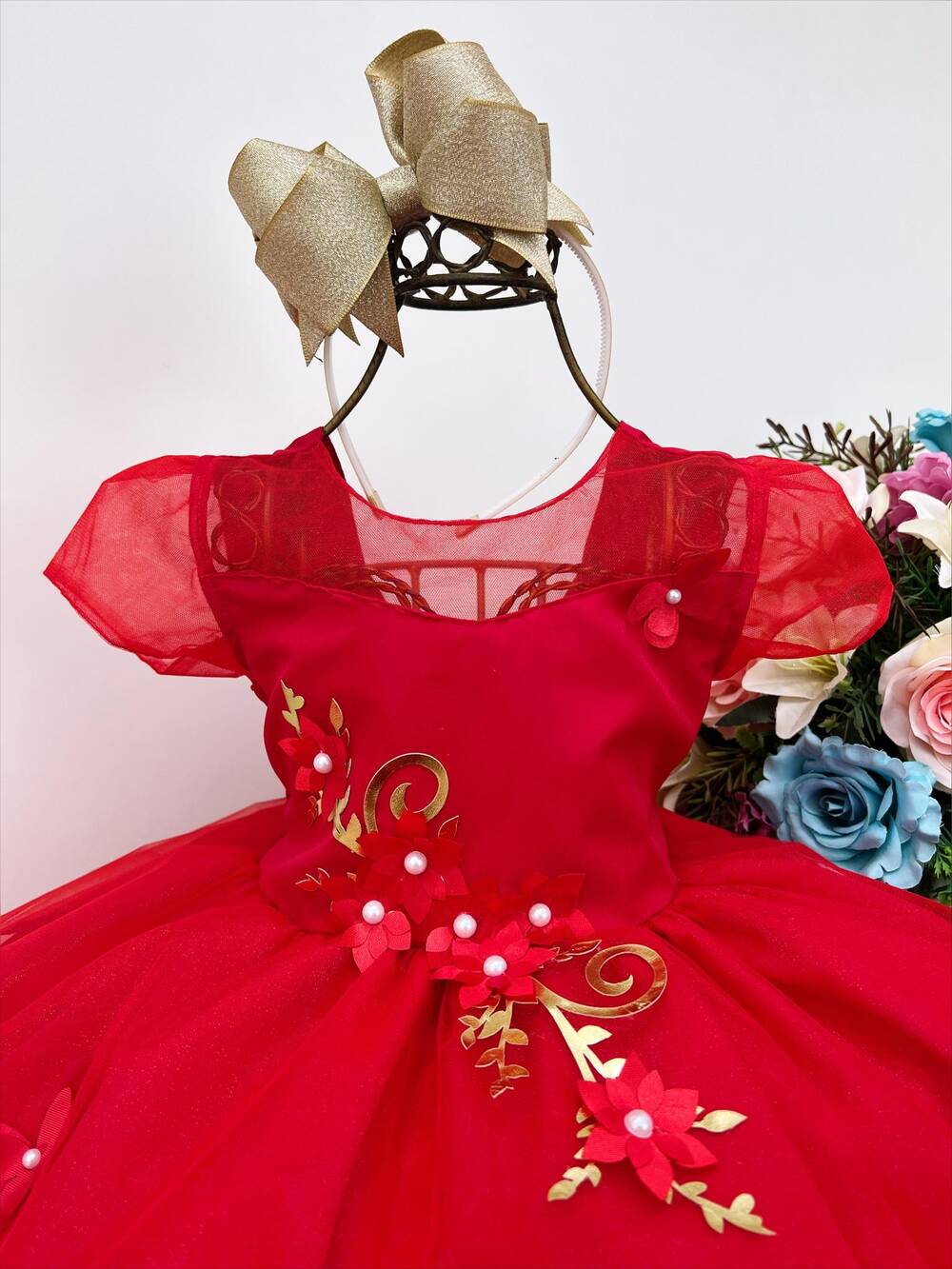 Vestido Infantil Vermelho Apliques Douradas e Flores Luxo