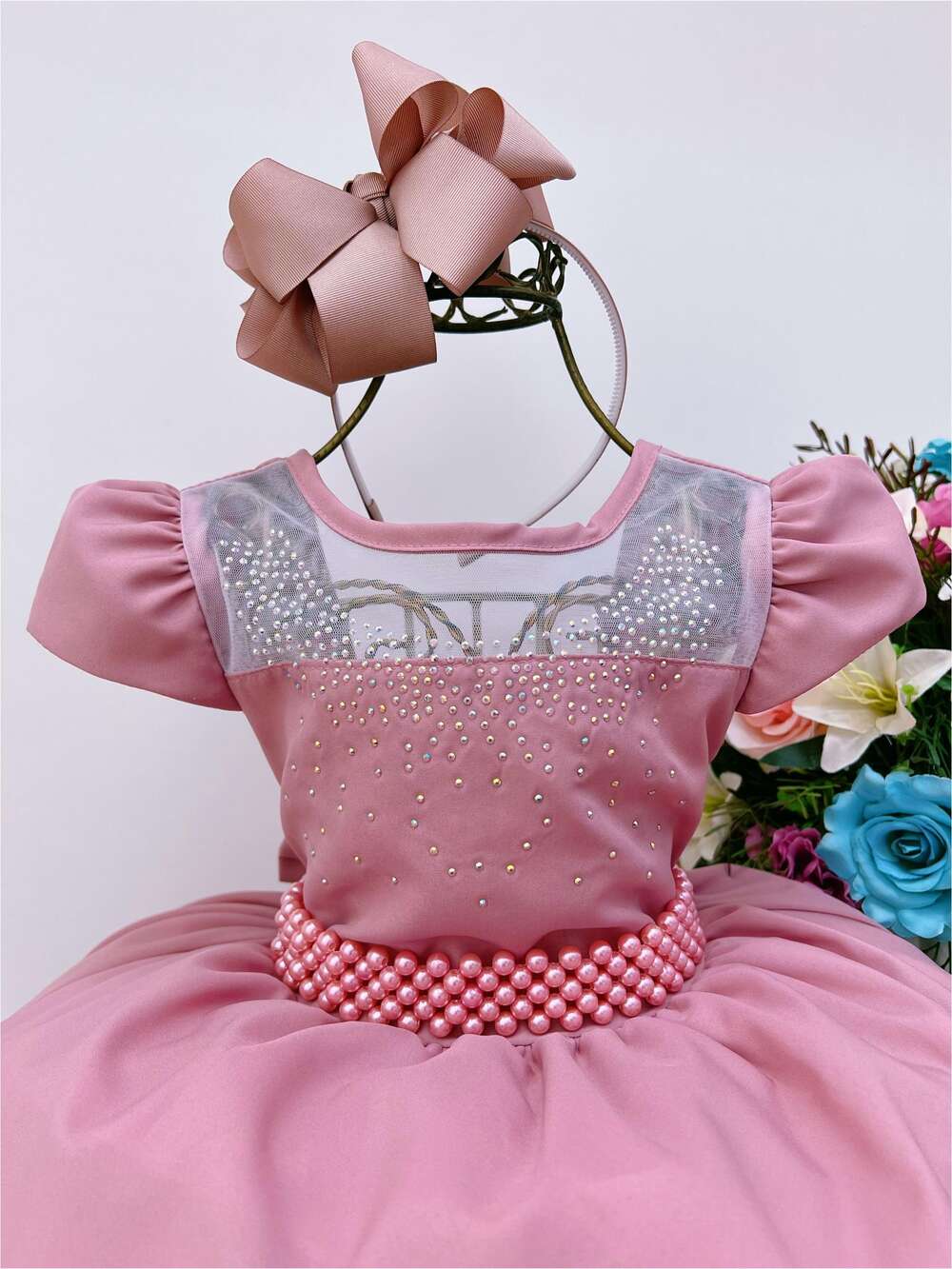 Vestido Infantil Rose Peito Strass Cinto de Pérolas Luxo