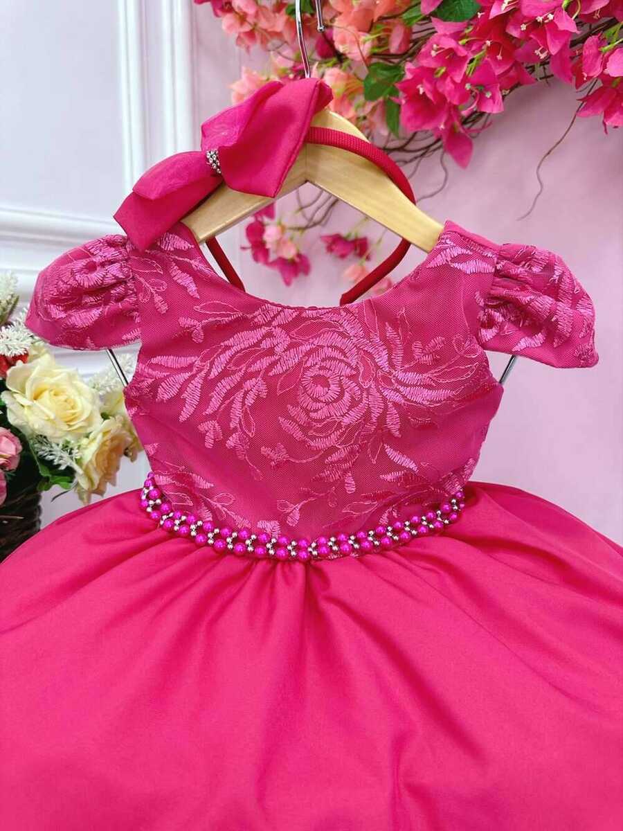 Vestido Infantil Pink Com Renda e Cinto de Pérolas Tiara