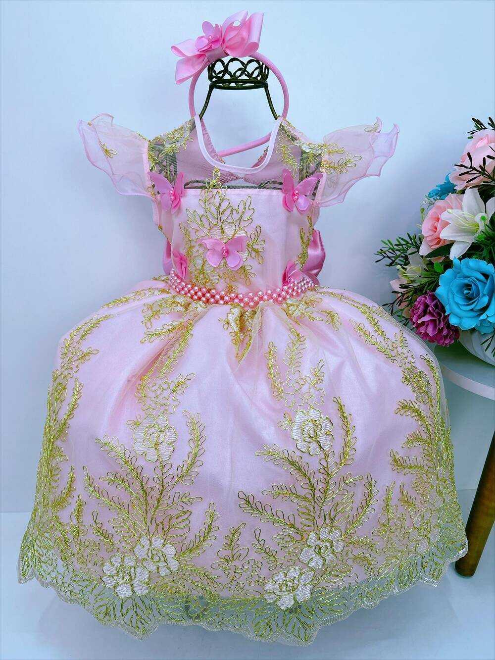 Vestido Infantil Rosa C/ Renda e Aplique Borboletas Pérolas