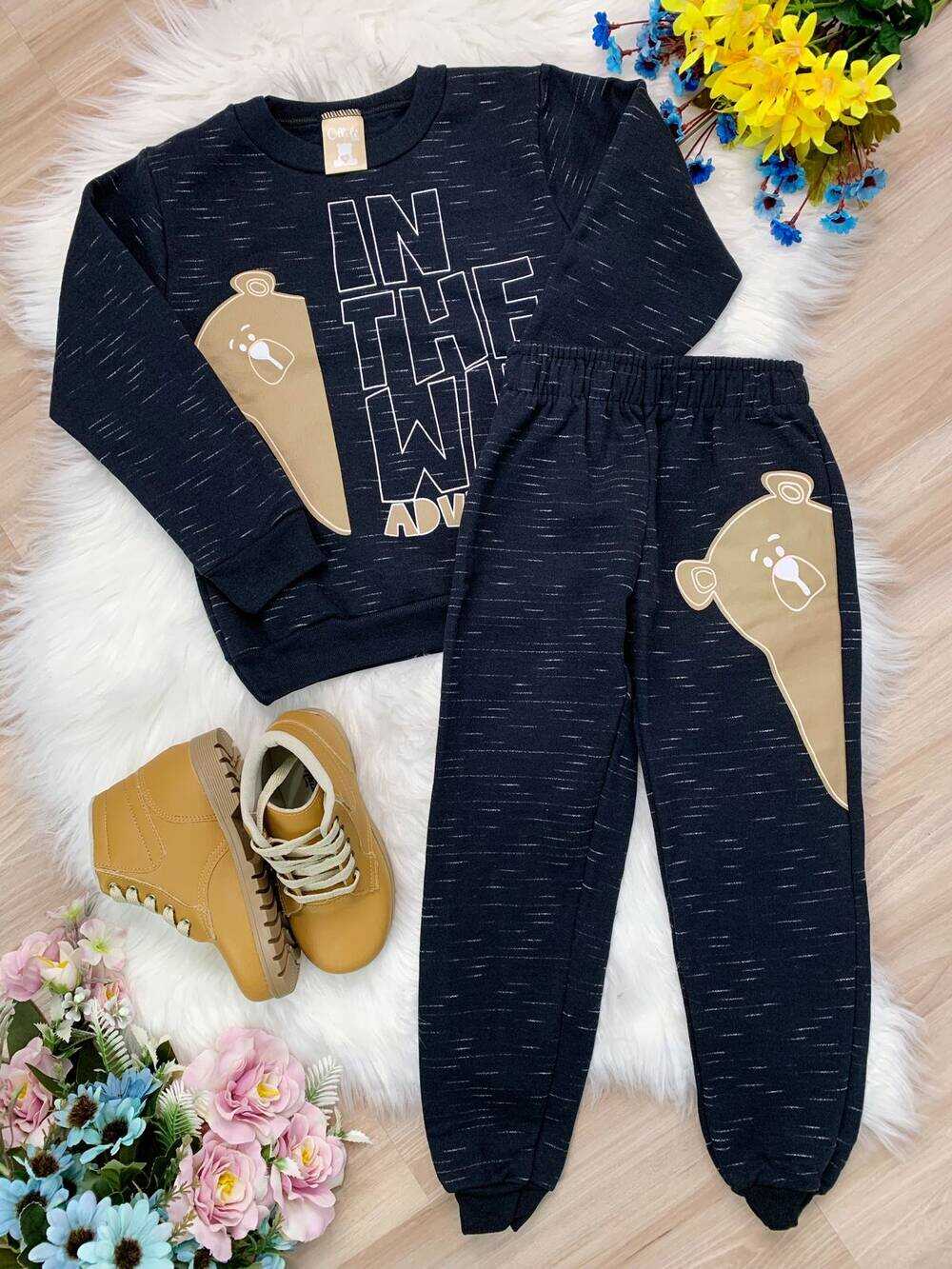 Conjunto de Moletom Blusa e Calça Preto Urso