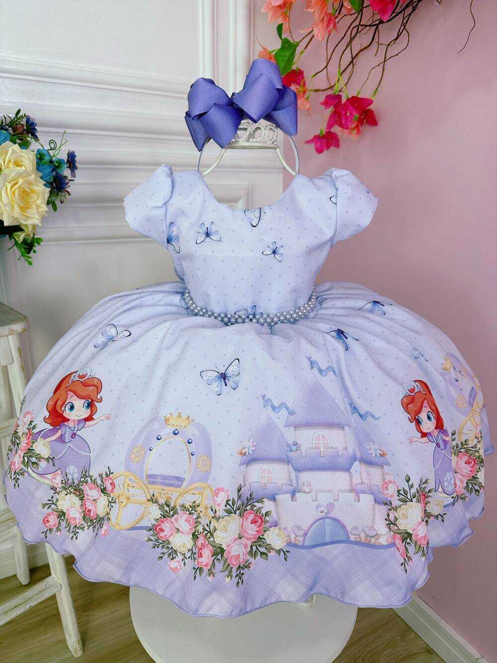 Vestido Infantil Princesa Sofia Jardim das Borboletas Pérola