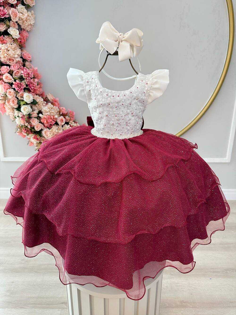 Vestido Infantil Off White Marsala C/ Renda e Strass Festas