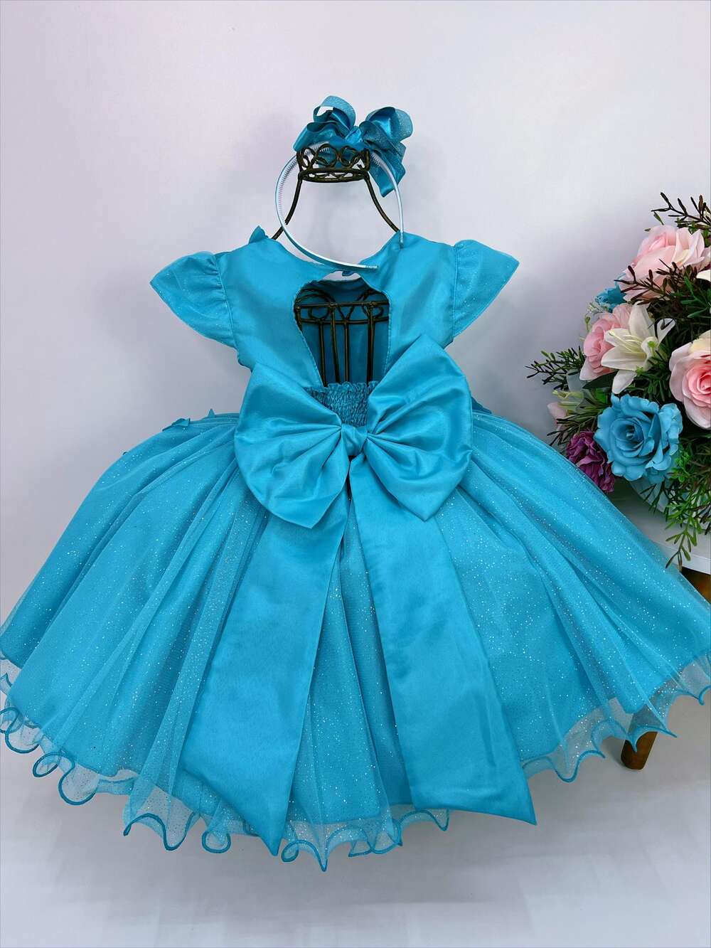 Vestido Infantil Verde Tiffany Renda Aplique Borboletas Flor