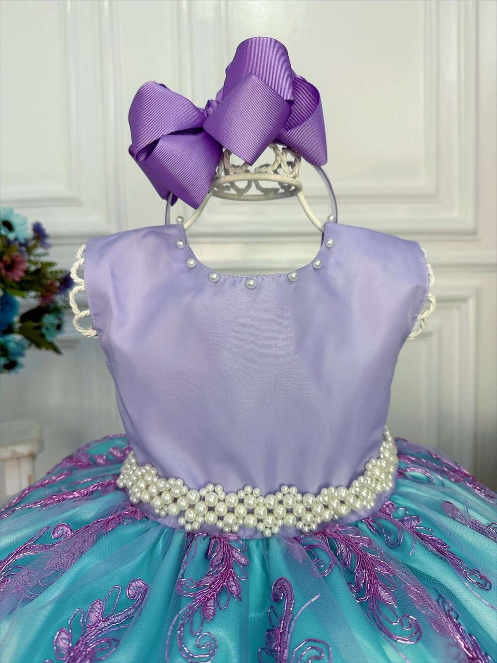 Vestido Infantil Ariel Princesa C/ Renda e Cinto de Pérolas