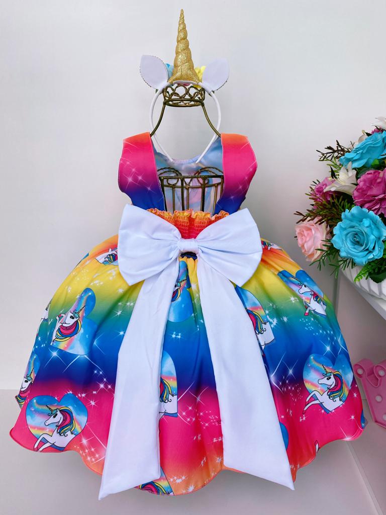 Vestido Infantil Unicórnio Colorido Corações Luxo