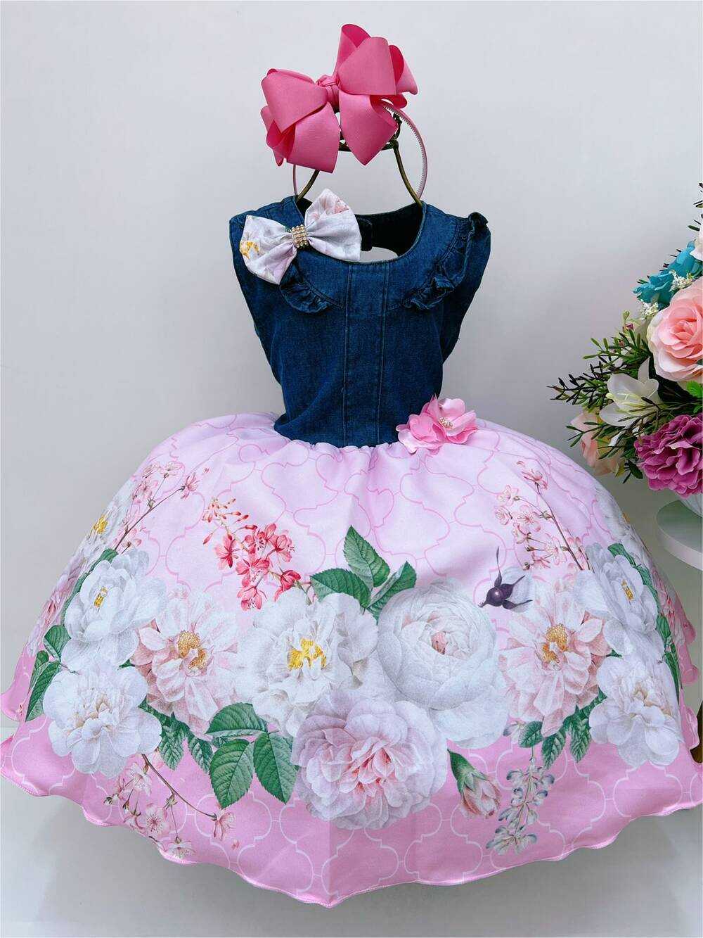 Vestido Infantil Peito Jeans Saia Rosa Floral e Borboletas