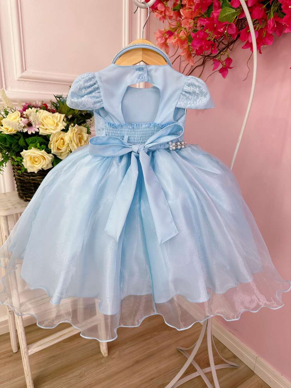 Vestido Infantil Azul C/ Renda e Cinto de Pérolas Tiara