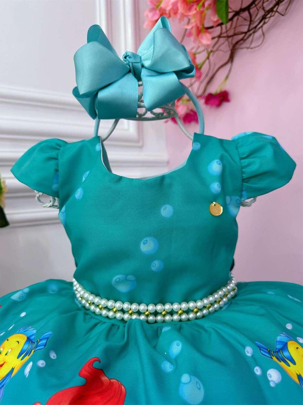 Vestido Infantil Ariel Linguado Fundo Mar Verde C/ Pérolas