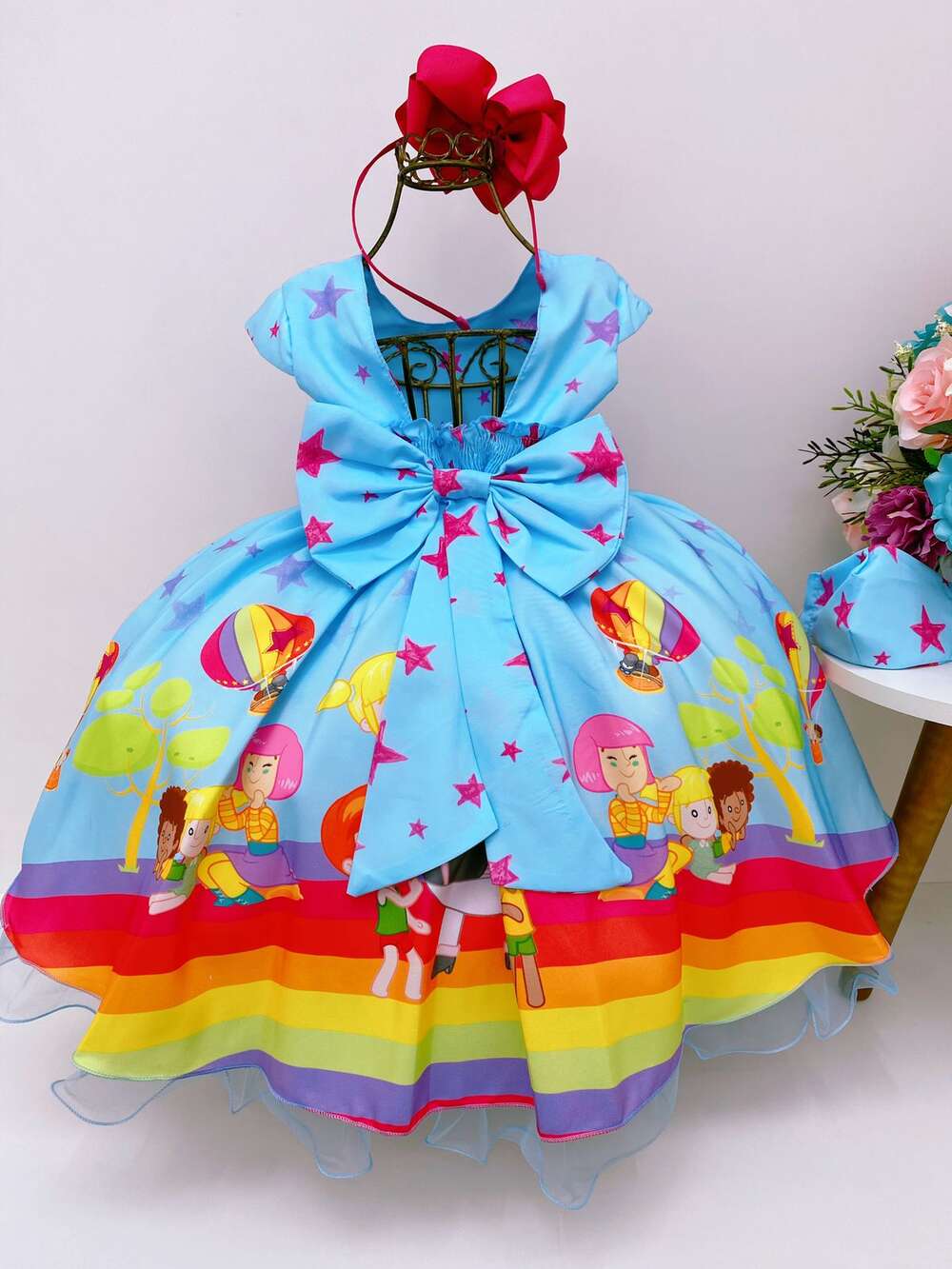 Vestido Infantil Mundo Bita Azul Pink Estrelas Luxo