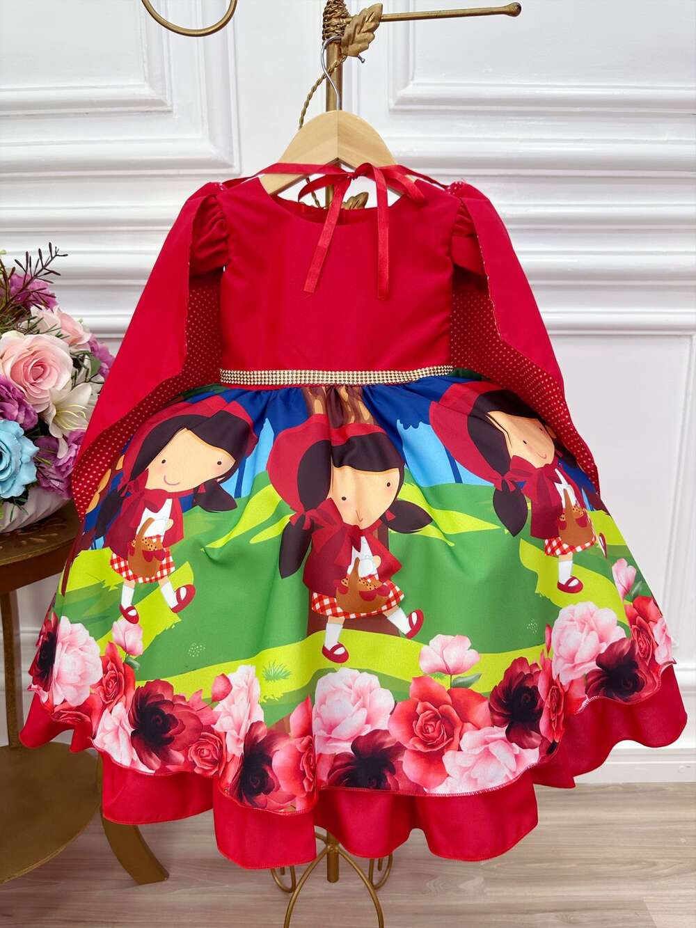 Vestido Infantil Chapeuzinho Vermelho Floral com Capuz