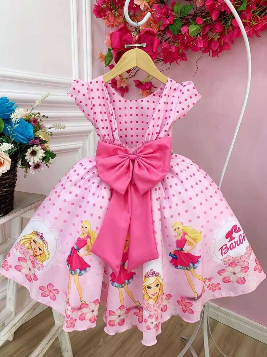 Vestido infantil Barbie Rosa C/ Cinto de Pérolas e Strass