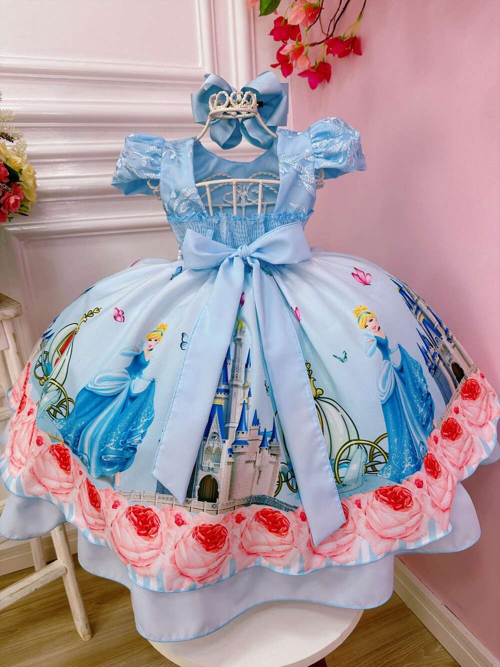 Vestido Infantil Princesa Cinderela Azul C/ Renda e Pérolas