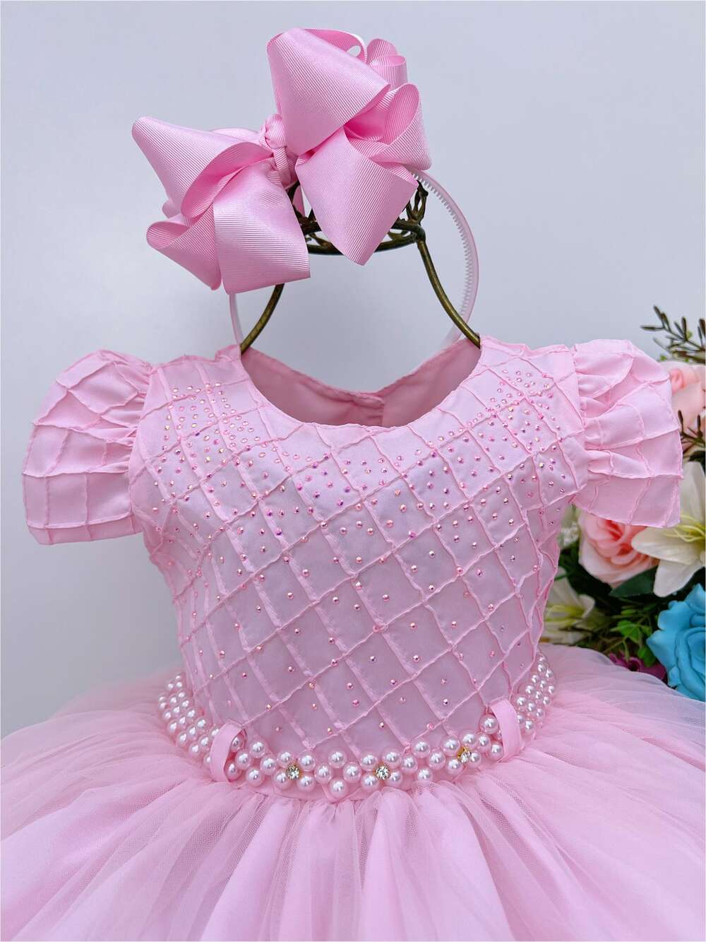 Vestido Infantil Rosa Peito C/ Nervura Strass Pérolas