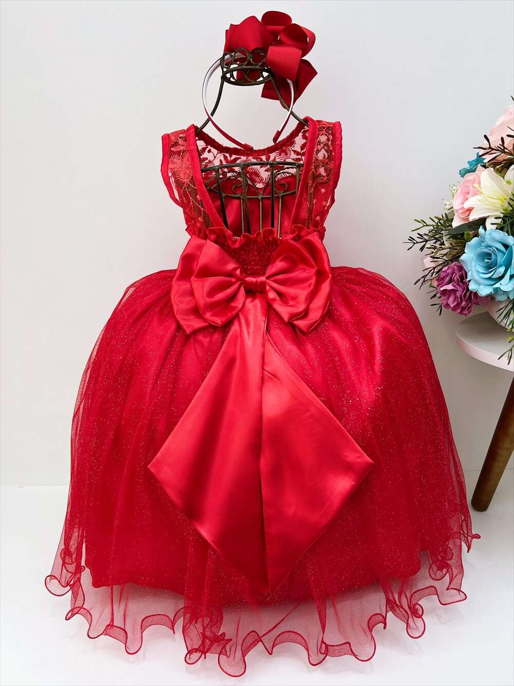 Vestido Infantil Vermelho Renda e Tule C/ Brilho Luxo