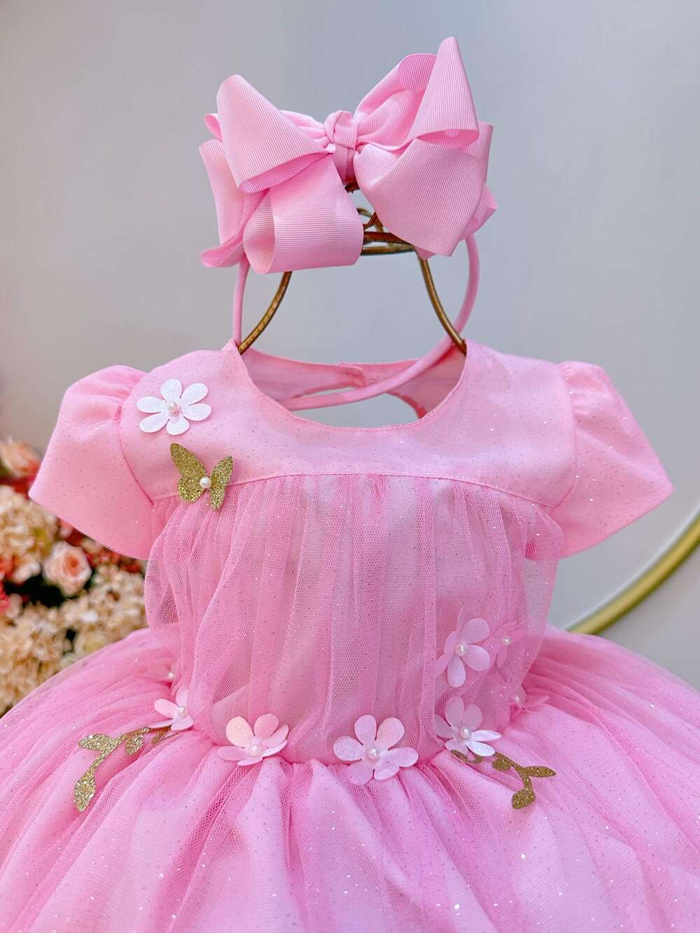 Vestido Infantil Rosa Bebê Jardim Encantado C/ Babados Luxo