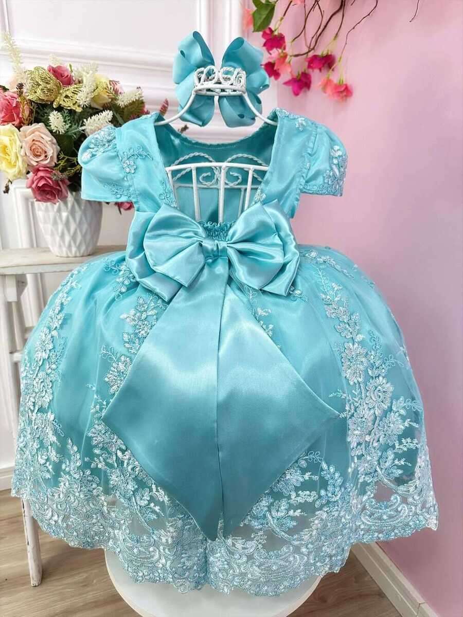 Vestido Infantil Verde Tiffany Com Renda Realeza e Pérolas