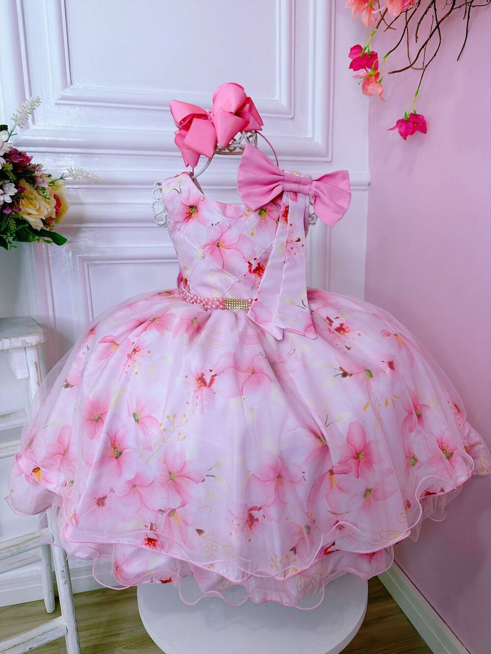 Vestido Infantil Rosa Florido C/ Cinto de Pérolas e Strass