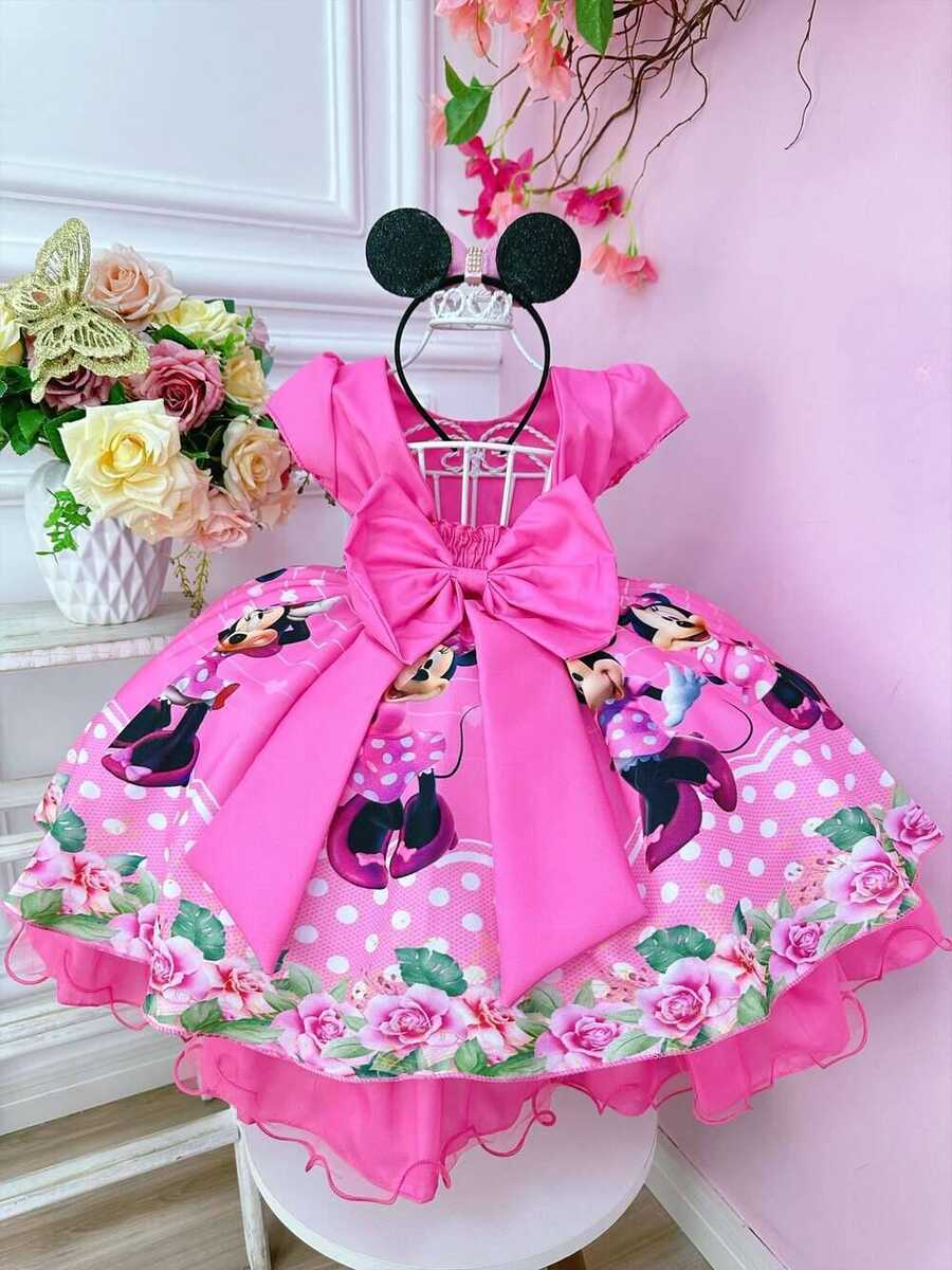 Vestido Infantil Minnie Rosa Chiclete Cinto de Pérolas Luxo