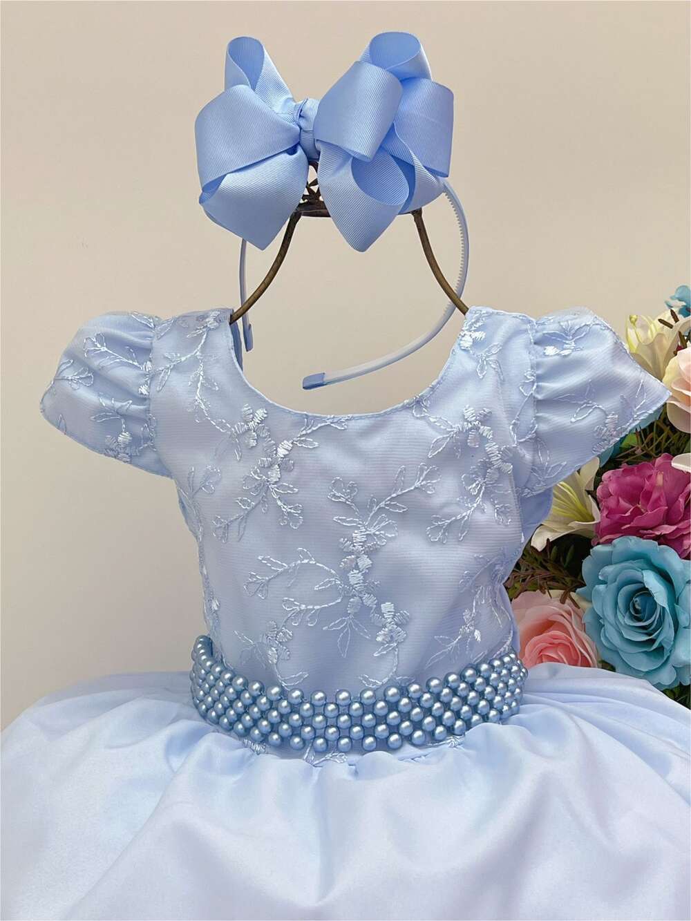 Vestido Infantil Azul C/ Renda Cinto Pérolas Luxo Batizado