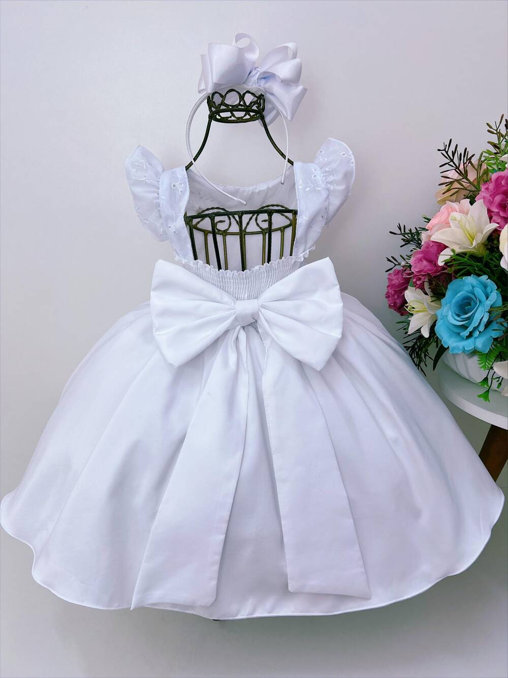 Vestido Infantil Branco C/ Renda Pérolas e Strass Luxo