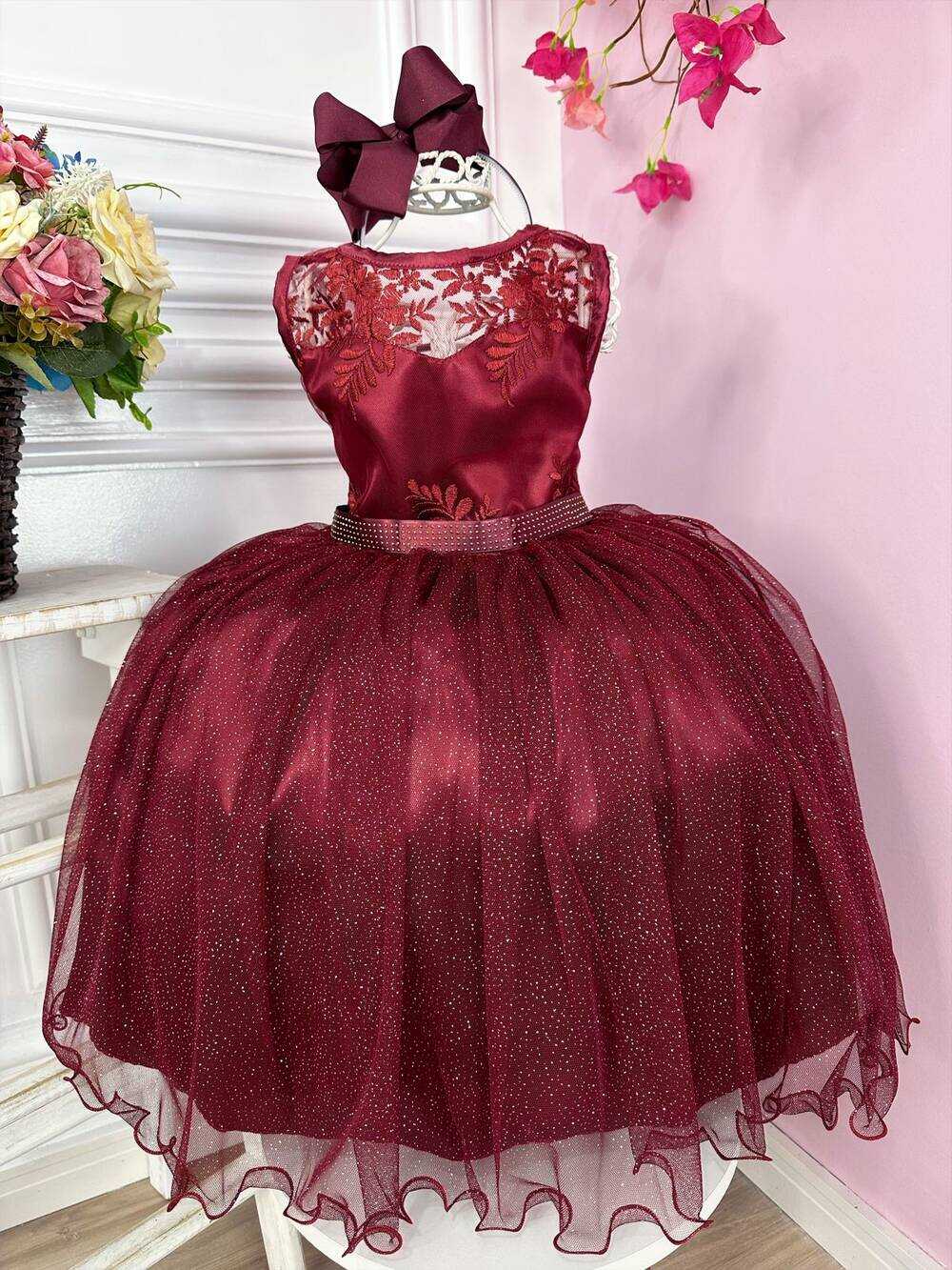 Vestido Infantil Marsala Renda e Tule C/ Brilho Damas Honra