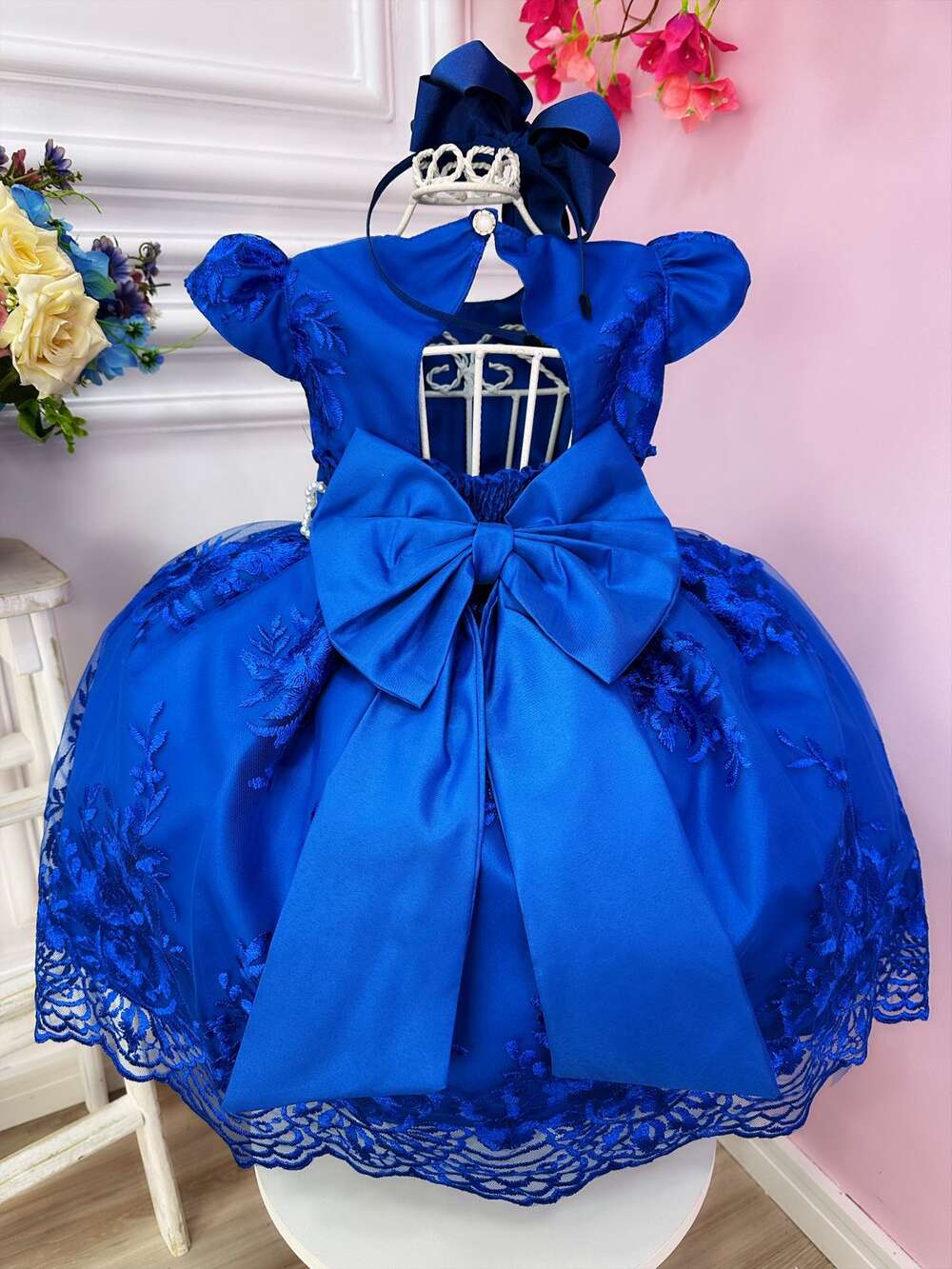 Vestido Infantil Azul Royal C/ Renda Realeza Cinto Pérolas