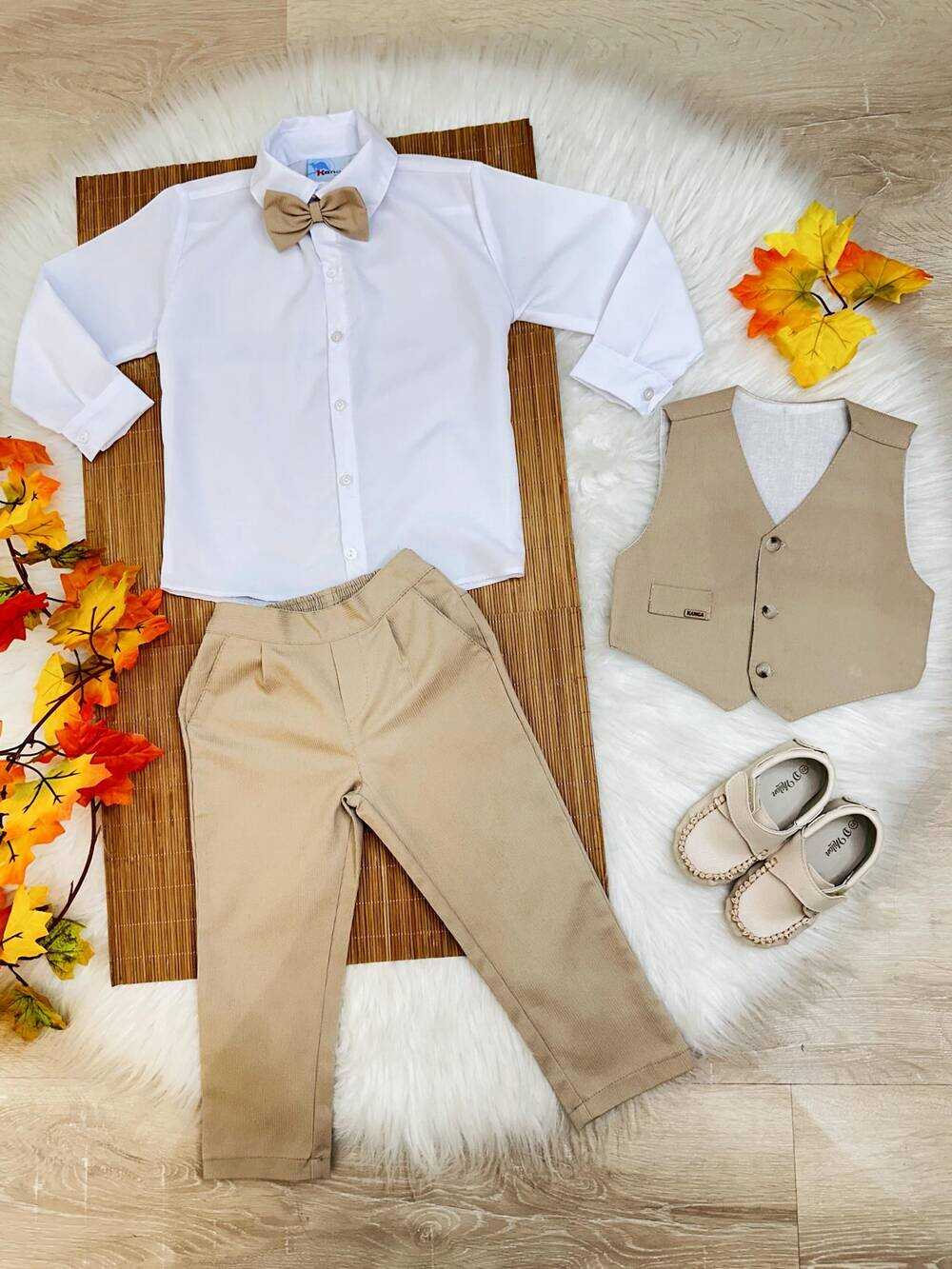 Conjunto Social Colete Calça Gravata Caqui e Camisa Branca