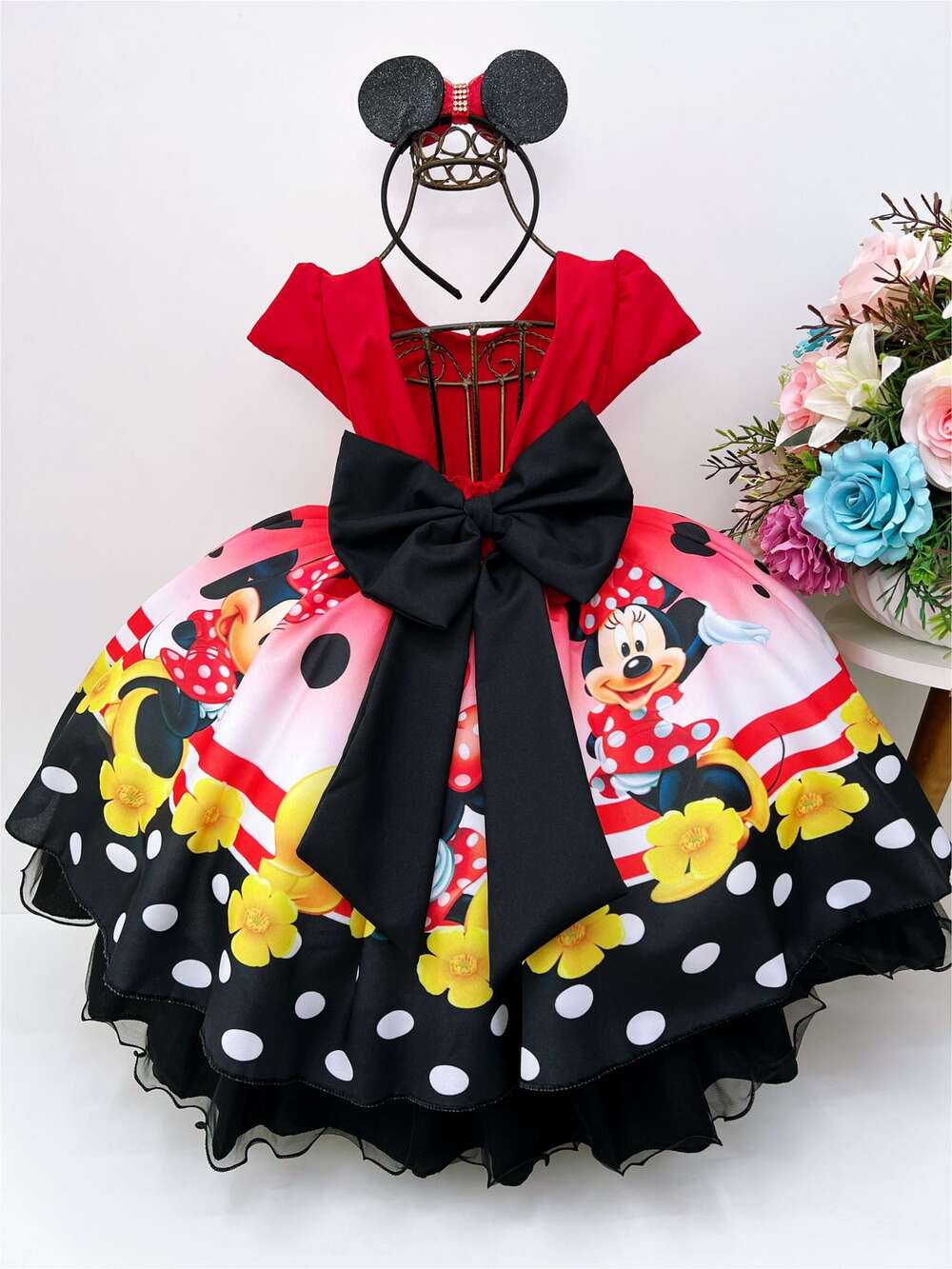 Vestido Infantil Minnie Vermelha Bolas Cinto e Pérolas Luxo