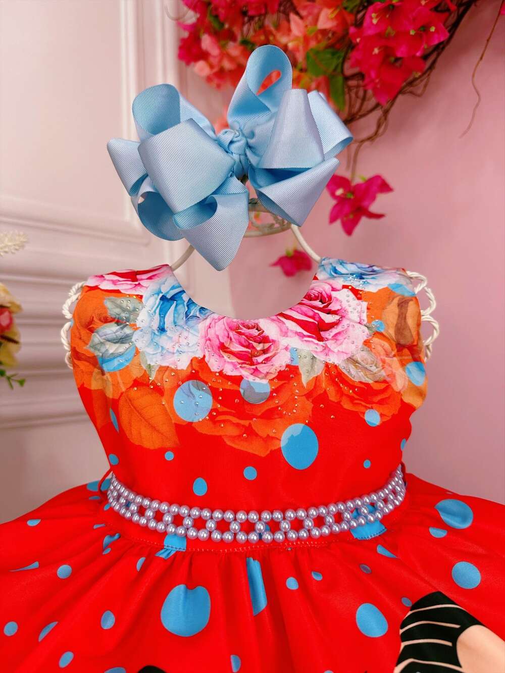 Vestido Infantil da Mônica e Sansão Vermelho Florido Luxo