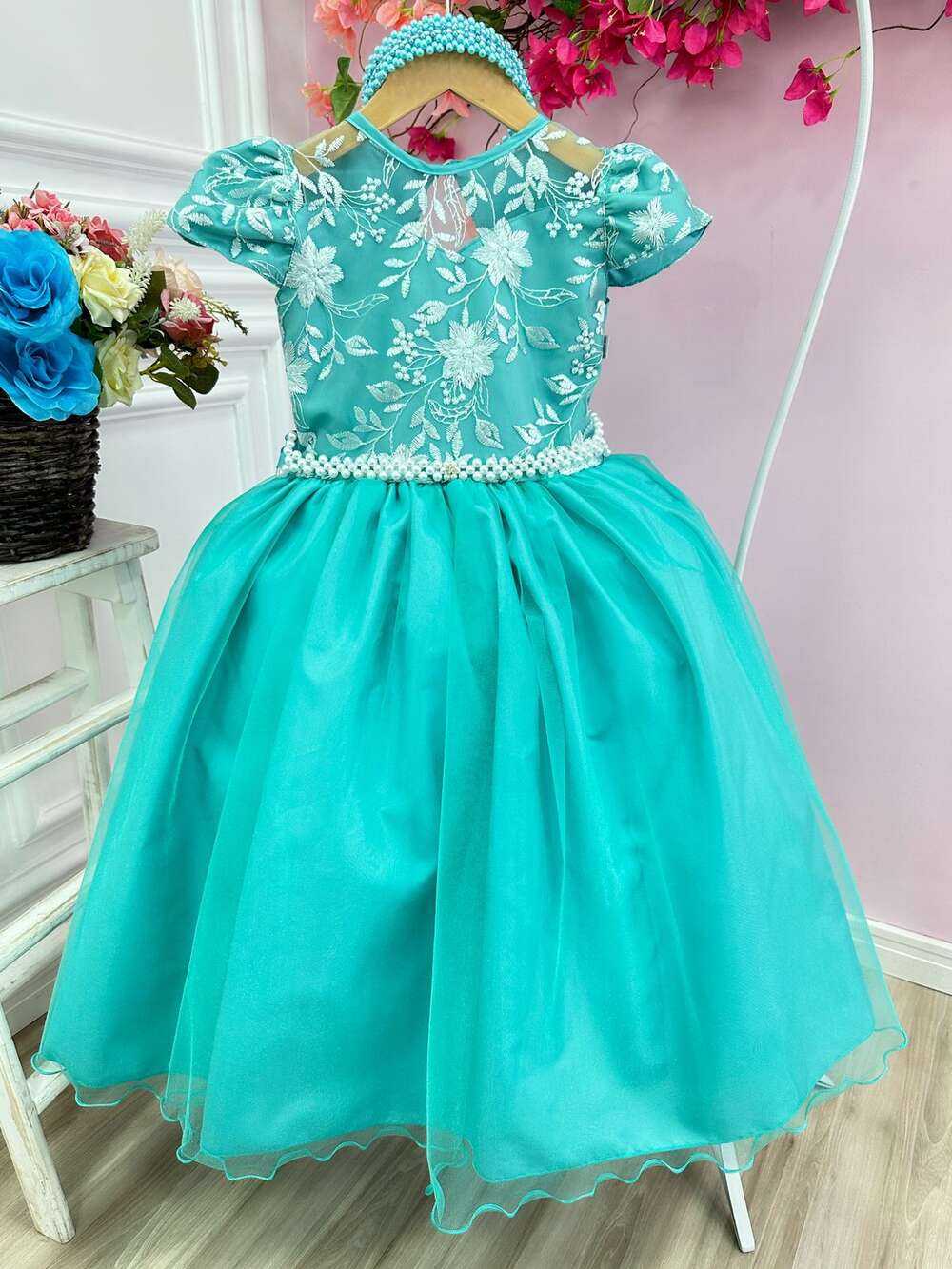 Vestido Infantil Damas Honra Casamento Verde C/ Renda Pérola