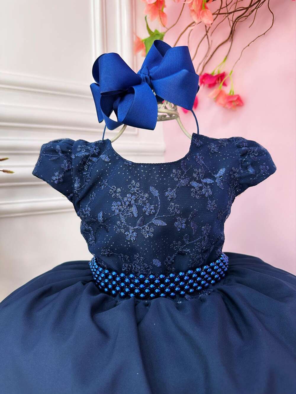 Vestido Infantil Azul Marinho Busto C/ Renda e Cinto Pérolas