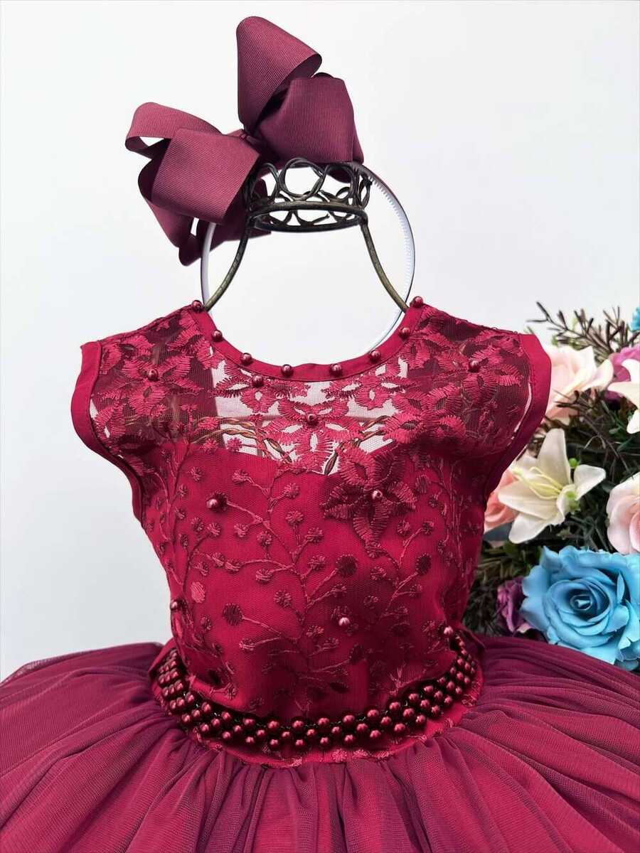 Vestido Infantil Marsala C/ Renda Cinto de Pérolas Damas