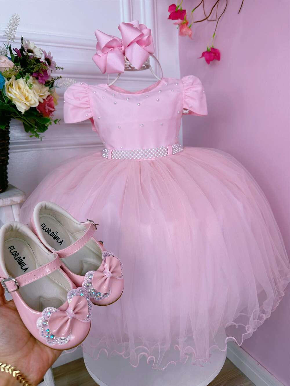 Vestido Infantil Rosa C/ Pérolas no Peito e Cinto Luxo