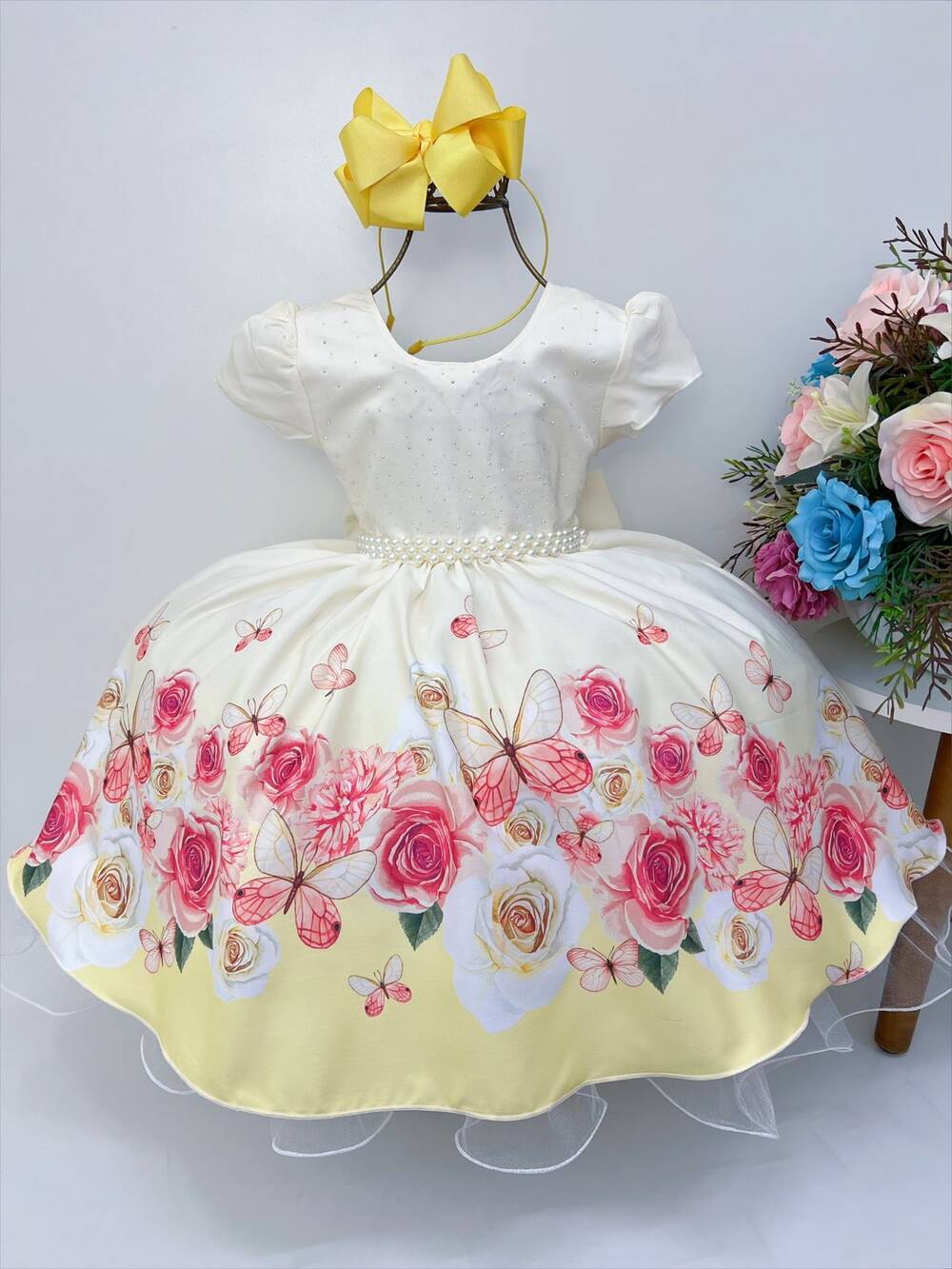 Vestido Infantil Marfim Jardim das Borboletas Pérolas Luxo